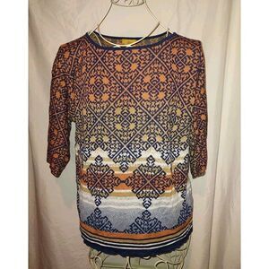 5/$25 Sz L Pullover Blue Orange Tan Aztec Southwest Sweater 1/2 Sleeve Rayon